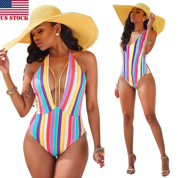 

hirigin 2019 women's sleeveless swimwear colorful rainbow striped ladies leotard backless jumpsuit swimsuit
