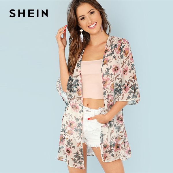 

shein multicolor vacation boho bohemian beach floral print flounce sleeve long kimono summer women weekend casual blouse top, White