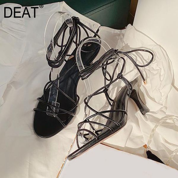 

deat] 2020 new spring summer round toe cross narrow band ankle strap pu leather thin heels sandals for women shoes tide 10g951, Black