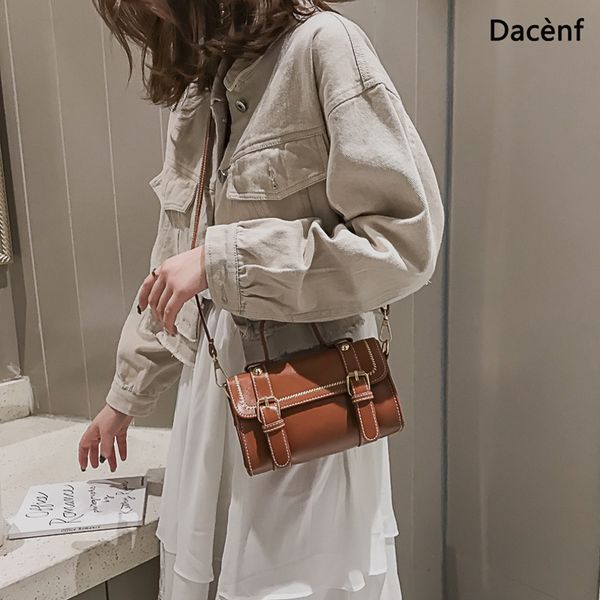 

lady retro brown thick line belt handbags solid color wild shoulder bag vintage office pu leather messenger bags female