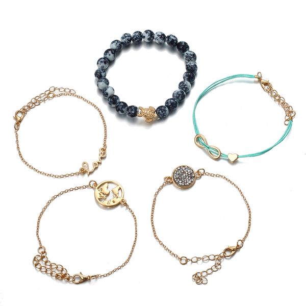

2019 fashion handmade gold turtle crystal black stone bead charm bracelets gift for women accessories wholesale jewelry 5pcs/set, Golden;silver
