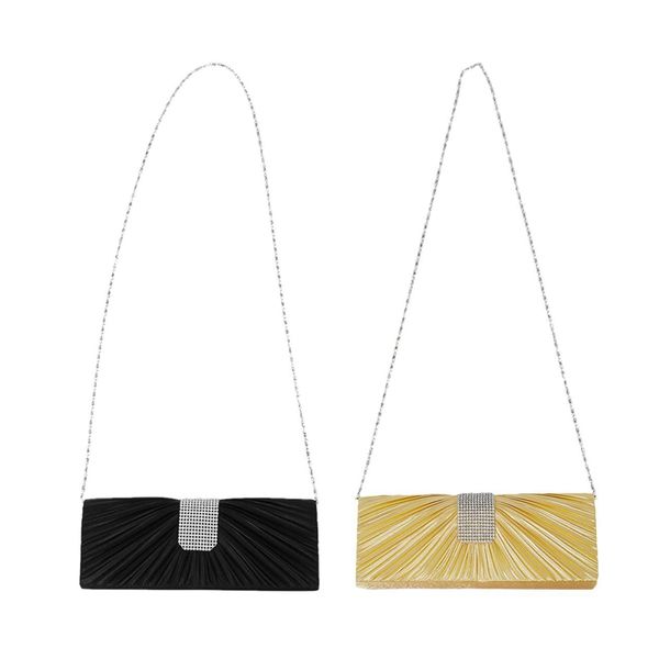 

auau-2 pcs new women satin diamante ladies pleated wedding bridal prom handbag clutch bag gold & black