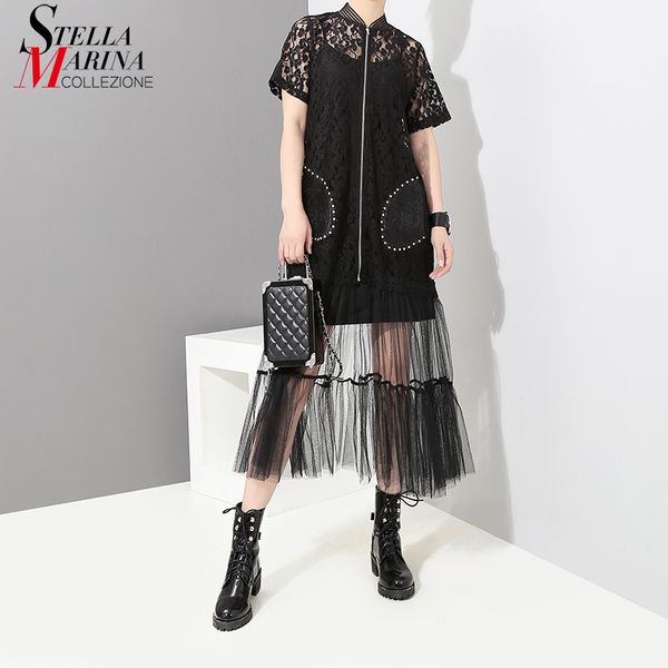 

new 2020 women summer black white lace dress mesh hem mandarin collar zipper hollow out short sleeve party dresses clubwear 3638, Black;gray