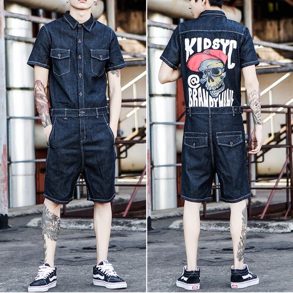 

jeans jumpsuit short sleeve men one piece overalls punk skull print mens denim rompers jumpsuits 2019 new summer male sets, Blue