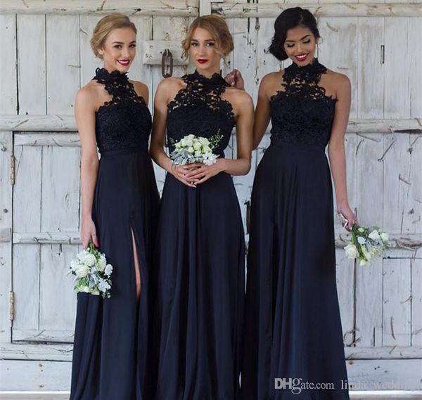 2019 Abito da damigella d'onore collo alto nero Una linea Appliqued Primavera Estate Festa di nozze formale Ospite Abito da damigella d'onore Plus Size Custom Made