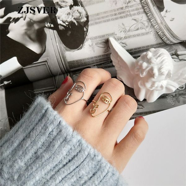 

zjsver 2pcs 925 sterling silver ring golden/silver punk abstract human face couple ring for attend party wholesale jewelry