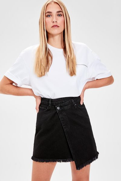 

trendyol black skirt ucu asymmetrical denim skirt twoaw20et0071