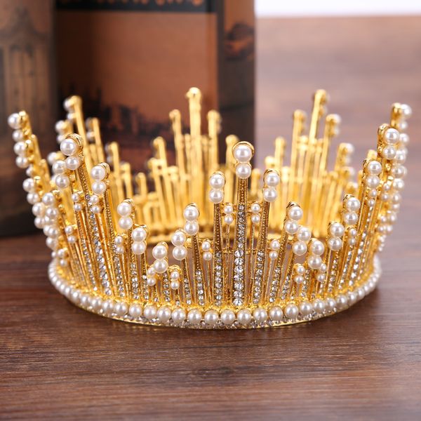 

vintage gold pearl tiara round big crown crystal rhinestones bride hair jewelry queen crowns for wedding accessories hairwear, Golden;white