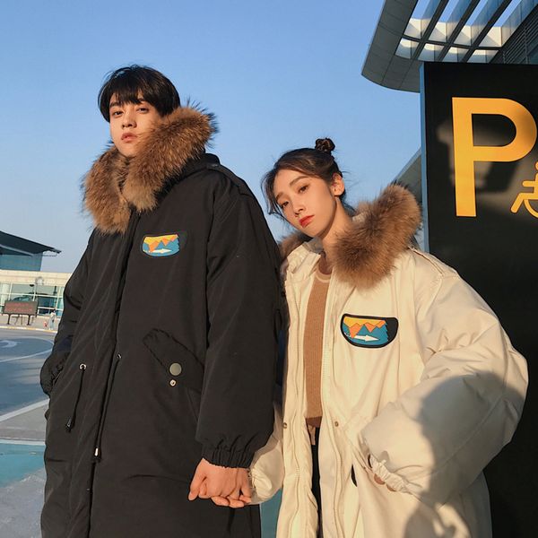 

winter coat men's warm fashion solid color casual parka men fur collar hooded coat man streetwear wild loose cotton long jacket, Black