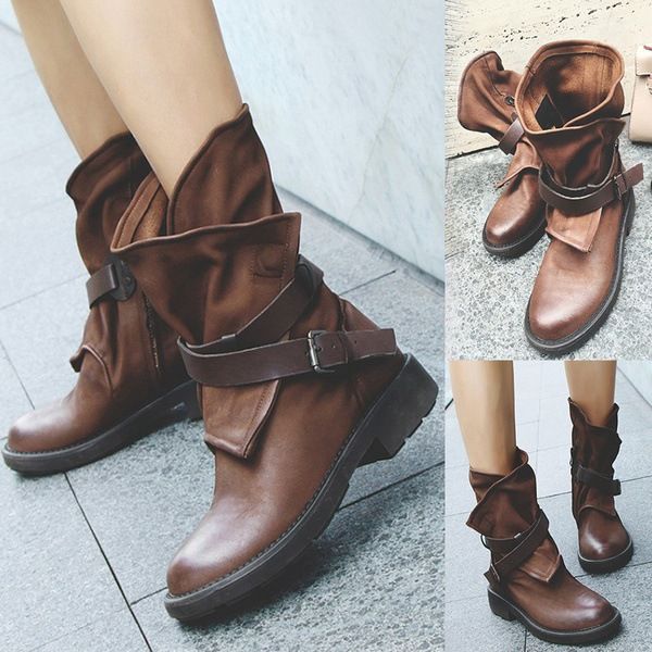 

new round head ankle buckle with low square heel boots boots, Black