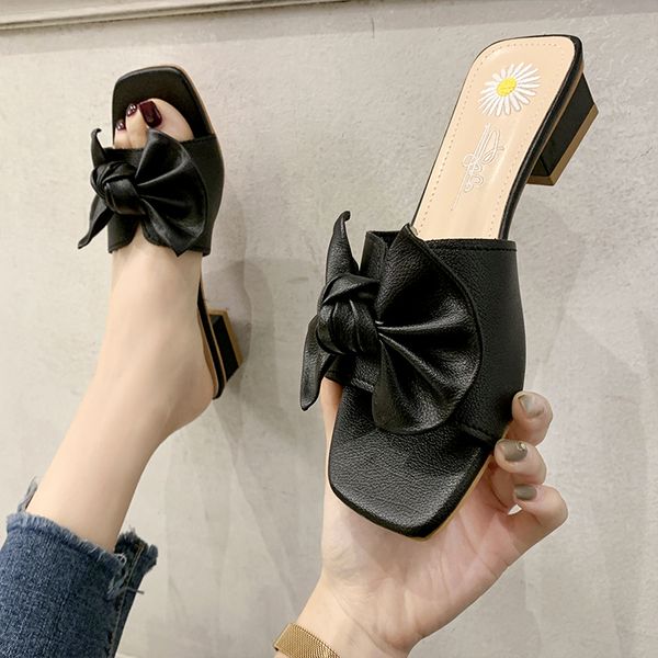 

square heel female shoes rubber flip flops slippers heels butterfly-knot slides loafers block 2020 soft hawaiian high pu hoof, Black