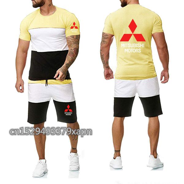 

new 2020 summer mens short sleeve mitsubishi car logo printing cotton men's t-shirt+ shorts suit 2pcs, Gray