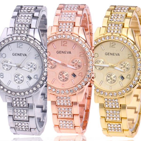 

geneva geneva watches women's watches steel belt fake three-eye alloy watch rose gold silver diamond women's watch, Blue