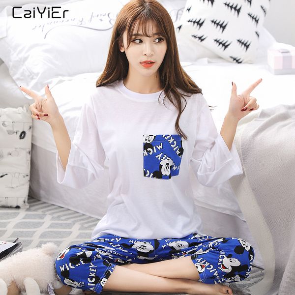 

caiyier spring women pajamas set cotton short sleeve and shorts sleepwear lovely print red mouse nightwear causal homewear, Blue;gray