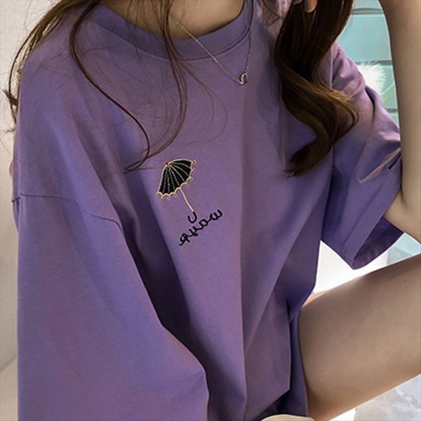 

purple french t-shirt female korean style chic loose large size midi versatile embroidery student embroidery ins half sleeve suit, White