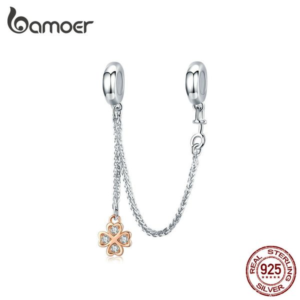 

bamoer clover safety chain charm with silicone for women bracelets 925 sterling silver rose gold color jewelry scc1261, Bronze;silver