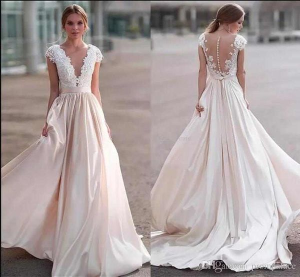 

gorgeous lace wedding dresses deep v neck cap sleeves satin illusion back country wedding gowns beach bridal dresses, White