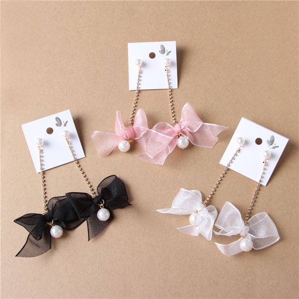 

korean style women's, white silk yarn earrings pearl earrings bow ear stud sweet bride wedding dress ornament, Silver