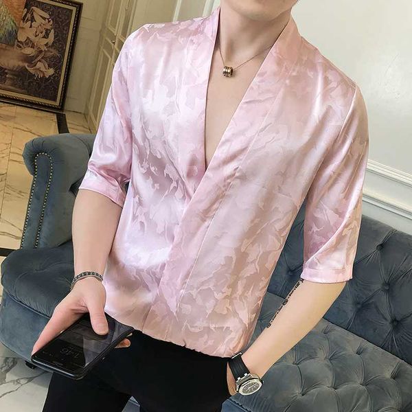 Camicie rosa Camicie di seta da uomo Luxury Camisa Social Masculina Slim Fit Satin Black Moda uomo 2018 Estate giapponese