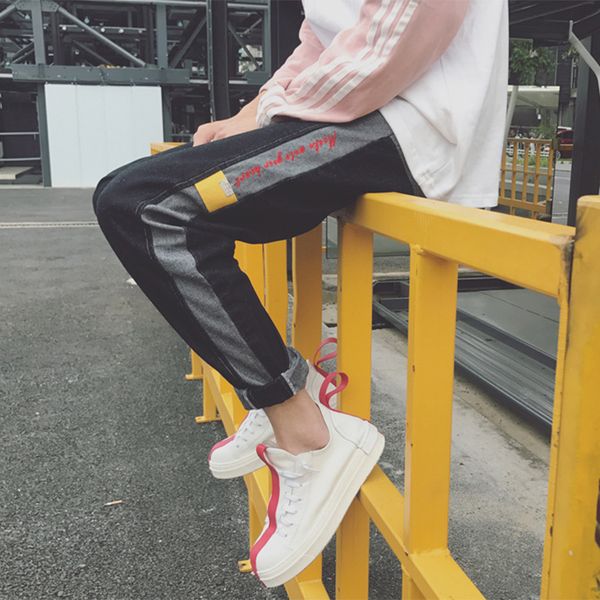 

spring autumn 2020 elastic waist denim jeans male letter printed students casual slim pants hit color stitching youth trousers, Blue