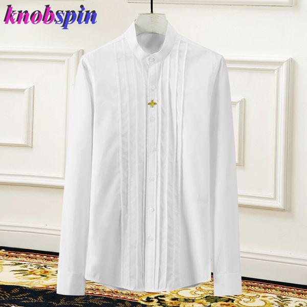 

hand-cut gold bee embroidery shirt men fashion long-sleeved slim men's shirt business male chemise plus size -4xl, White;black