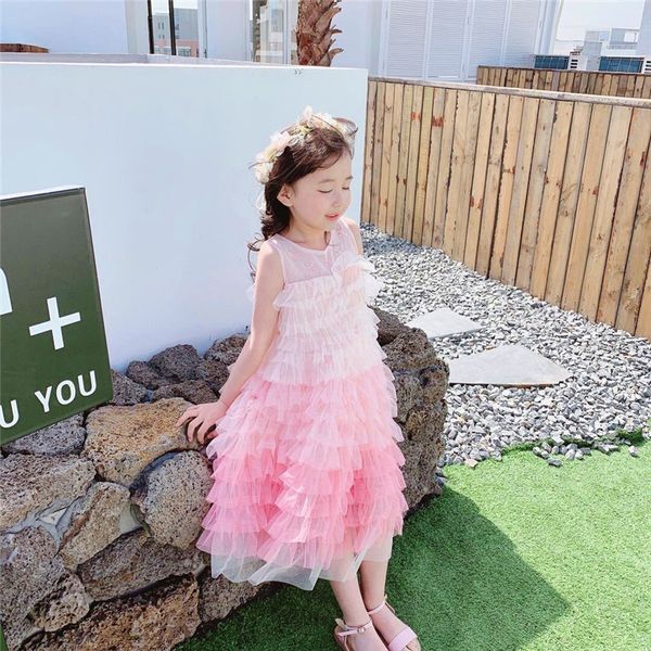 

2020 summer sleeveless mesh long dress gradient pink princess dress children kids clothings, Red;yellow