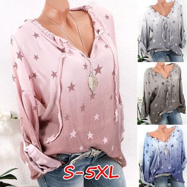 

2019 spring new casual ladies long-sleeved star print long sleeve casual shirt large size t-shirt women's loose shirt s-5xl, White