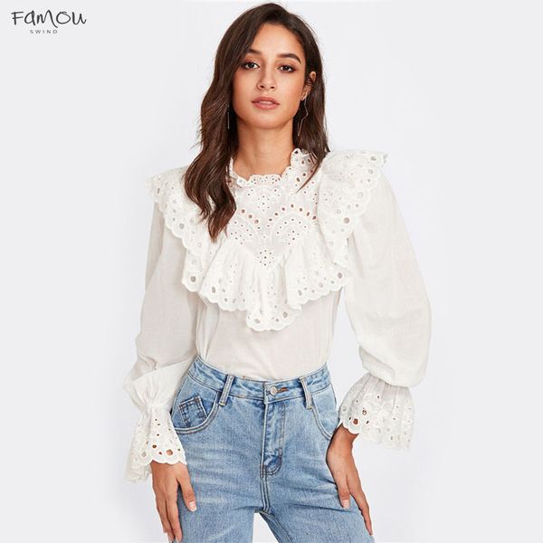 

Eyelet Embroidered Ruffle And Bell Blouse White Blouses Autumn Elegant Cuff Womens Long Sleeve Blouse Drop Shipping
