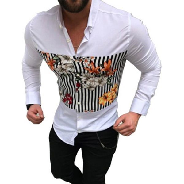 

2020 new print shitrs men's retro slim lapel male long sleeve printed shirt single-breasted over size casual cotton soft, White;black