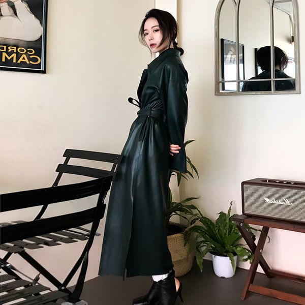 

wholesale-coat leather pu faux 2020 new spring autumn long trench coats women windbreaker black single breasted sashes casual lady clothes, Tan;black