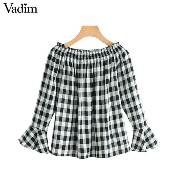 

vadim women plaid print blouse cute slash neck flare nine quarter sleeve fashion stylish shirts casual female blusas lb123, White