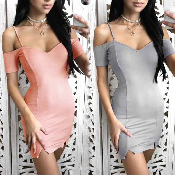 

ladies women summer v neck off shoulder short sleeve dresses bandage bodycon evening party solid dress, Black;gray