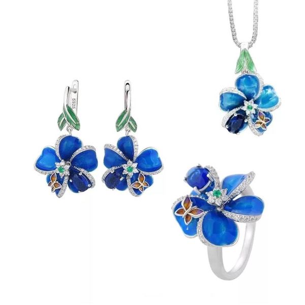 

silver enamel jewelry sets women blue stone and customized enamel ring earring for women party jewelry