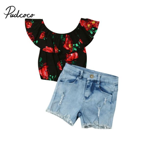 

pudcoco 2019 children clothing suits for girls clothes kids toddler enfant fille infantis outfits flora crop + denim shorts, White