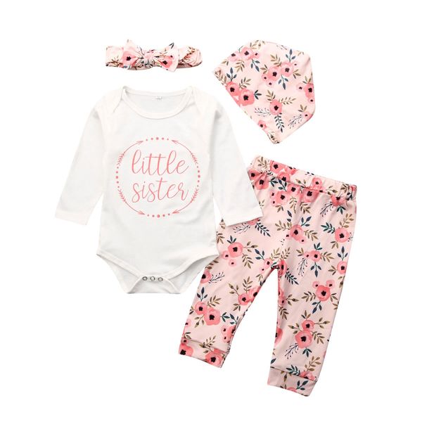 

0-24m baby girl clothes newborn infant baby girl outfits clothes set long sleeve romper+floral pants leggings hat 4pcs set, Pink;blue