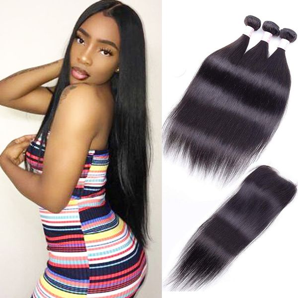 

malaysian hair 3 bundles with closure straight hair bundles with closure human hair stright full head can be colores to dark brown #4, Black