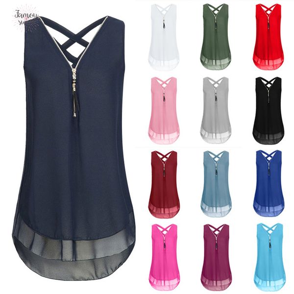 

chiffon v neck tank womens zipper vest summer sleeveless criss cross casual loose shirts ladies plus size 5xl, White