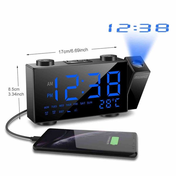

digital projection alarm clock 2 alarm dimmable clock fm radio thermometer usb charging port weather calendar time projection