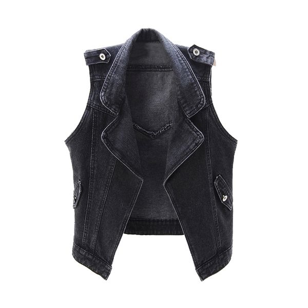 

plus size short women jeans vest black lapel denim outerwear vintage slim waistcoat korean casual sleeveless jacket coat female, Black;white