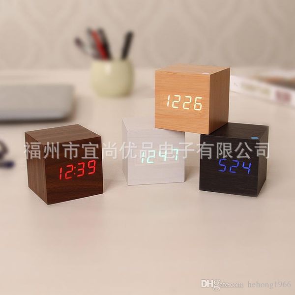 

square led light alarm clock sound control wooden digital clocks multi function electron temperature table timepiece 20ys bb