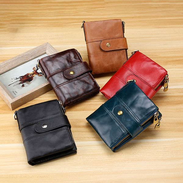 

genuine leather short fold over wallet rfid blocking zipper purses credit card p holder banknote pocket coin pouches cowhide wallets, Red;black