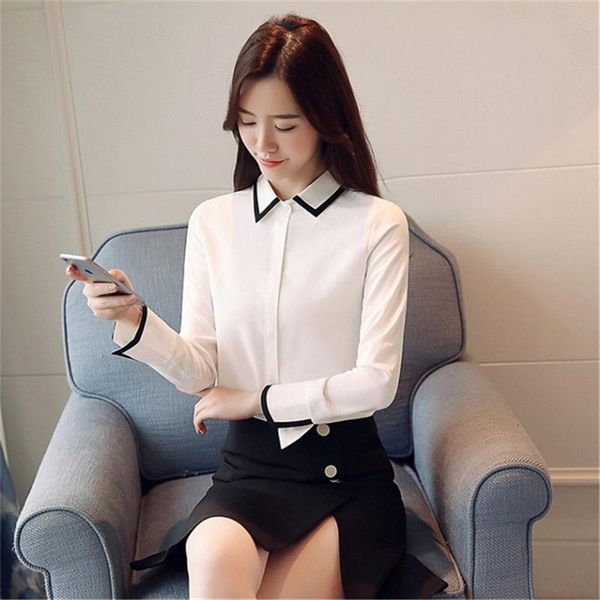 

female blouses shirts office chiffon career blouse shirts korea spring turn-down collar white solid women blusas shirt