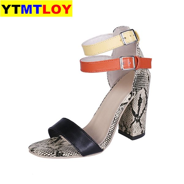 

ytmtloy summer women sandals open toe snake high heel shoes woman ankle strap ladies chunky high heels pumps chaussure snake, Black