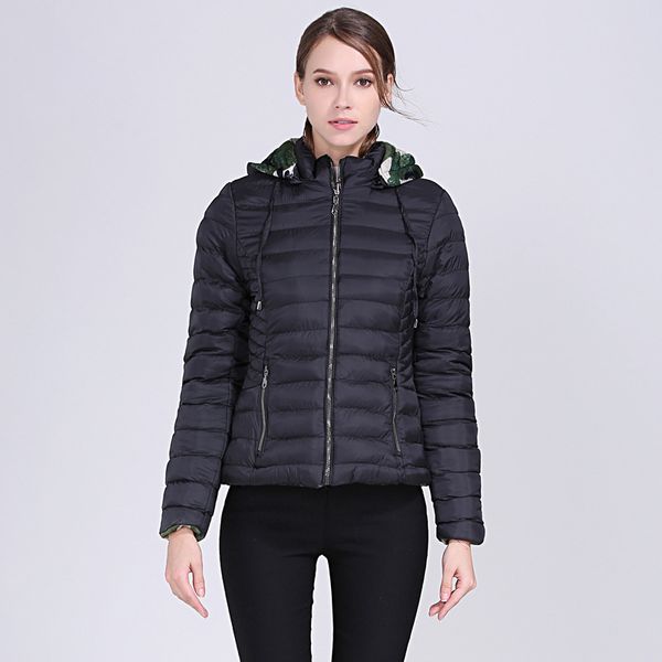 

women reversible jacket solid color camouflage print drawstring hooded neckline poeckets zipper slim outerwear, Black