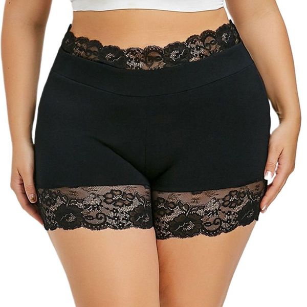 

women plus size high waist boxer shorts seamless scalloped floral lace splicing safety pants solid color elastic underpant l-6xl, Black;pink