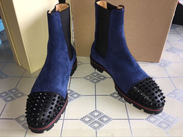 

luxury men boots red bottom mid boots design men ankle boots low heels genuine leather suede with rivets melon spikes flat short knight boot, Black