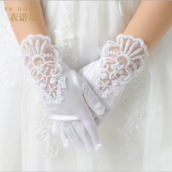 

kid lace satin long finger short gloves for flower girl children party white gloves, Blue;gray