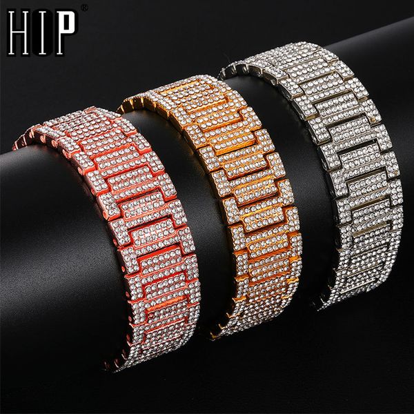 

hip hop full rhinestones iced out bling gold silver watch band link chain bracelets bangles for men rapper jewelry, Golden;silver