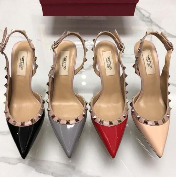 

women high heel shoes rivets v brand cow patent leather 10cm thin heel wedding shoes genuine leather back strap 6cm 8cm 34-43, Black