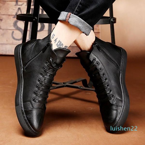 

019 winter increase down leather male england leisure time high help shoe hairstyle shichao board shoes l22, Black
